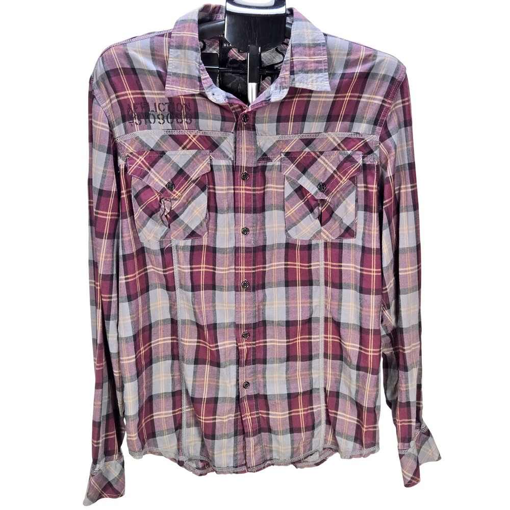 Men's Affliction Black Medium‎ Plaid Skull Wings Embroidered Plaid Shirt